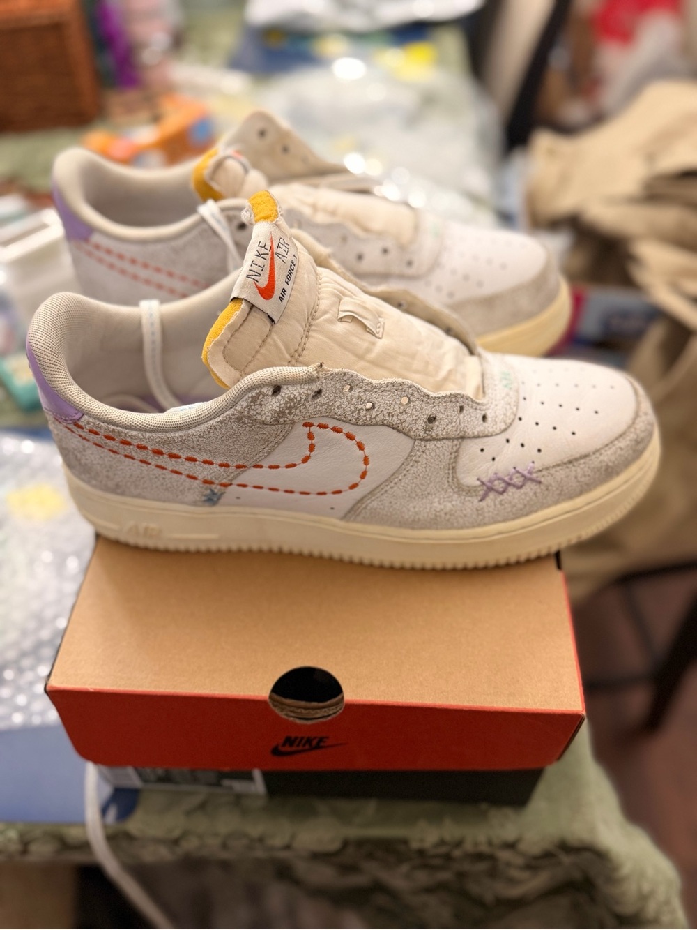 Nike White and Grey Sneakers with Orange Stitching
